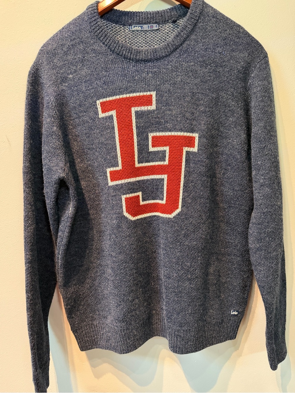 Men's Lois Jeans Retro Style Navy Crewneck Sweater with Red JL Motif